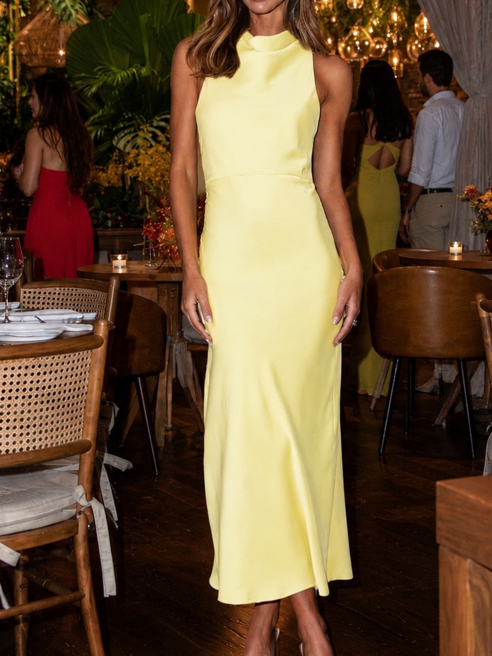 Yellow satin mock neck high waist midi dress